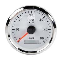 Тахометр 0-6000 об/мин со счетчиком моточасов делитель 1-10; белый циферблат; нержавеющий ободок