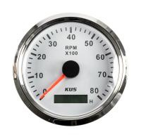 Тахометр 0-8000 об/мин со счетчиком моточасов делитель 0.5-250; белый циферблат; нержавеющий ободок