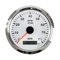 Тахометр 0-8000 об/мин со счетчиком моточасов делитель 1-10, белый циферблат, нержавеющий ободок