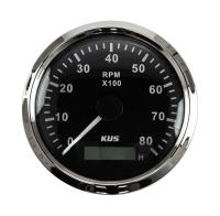 Тахометр 0-8000 об/мин со счетчиком моточасов делитель 0.5-250; черный циферблат; нержавеющий ободок