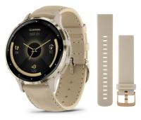 GARMIN VENU 3S Soft gold stainless steel bezel with French grey case and leather band 010-02785-55