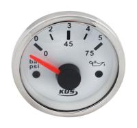 Указатель давления масла 0-5 бар; белый циферблат; нержавеющий ободок; д. 52 мм