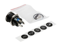 Купить Кнопка без фиксации, подсветка синяя, наклейки, 12 В, 20А, 19мм арт. PB4511TB